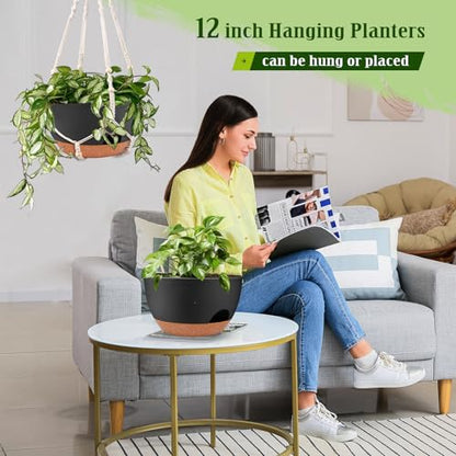 12 Inch Self Watering Hanging Planters with Removable Reservoir, 2 Pack - color: Black, size: 12 Inch