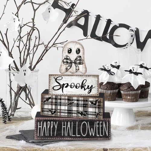 4Pcs Halloween Table Decoration Happy Halloween Ghost Wooden Block Sign - style: Ghost