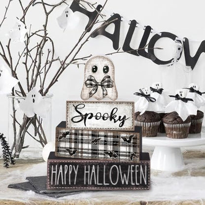 4Pcs Halloween Table Decoration Happy Halloween Ghost Wooden Block Sign - style: Ghost