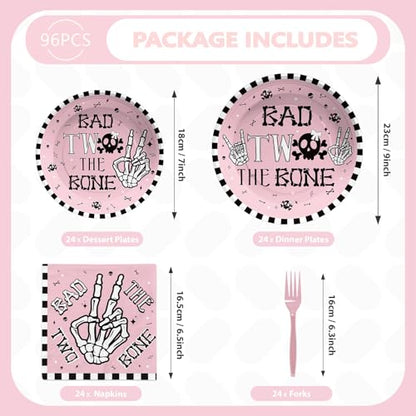 Grencian 96 Pcs Bad Two The Bone Party Decorations for Girls, Serves 24 - style: Pink Bad Two The Bone