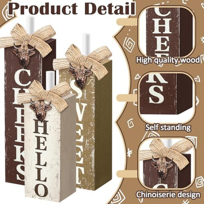 MiniInflat Highland Cow 3 Pcs Table Decor, Wooden Block Sign Tiered Tray - style: Highland Cow