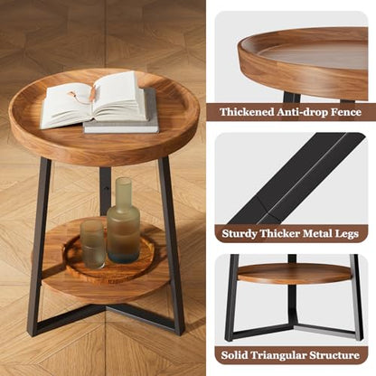 Gadroad Round End Table with Storage Shelf, Brown - color: Brown, size: 15.7"D x 15.7"W x 23"H (no Charging Station)