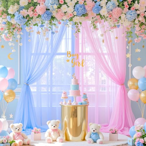 Pink and Blue Tulle Backdrop Curtains for Gender Reveal Girl and Boy Party Sheer Backdrop Drapes for Baby Shower Birthday Party Photoshoot Background Decorations 2 Panels 5ft X 10 ft - color: Pink and Blue, size: 10FT X 10FT(2 Panels W5ft X H10ft)