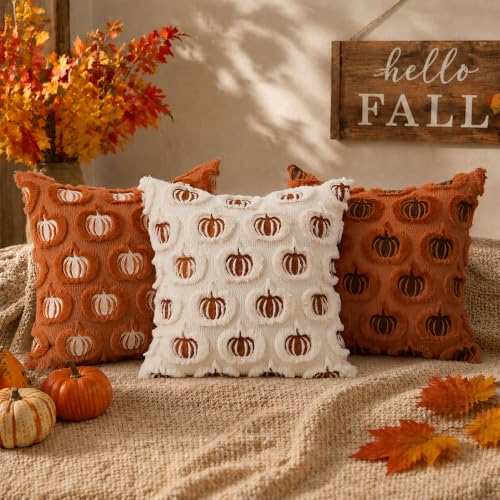 DFXSZ Fall Pillow Covers 18x18 Set of 2 Rust Pumpkins Embroidery Beige - color: Beige Rust Pumpkin, size: 18" x 18" (Pack of 2)