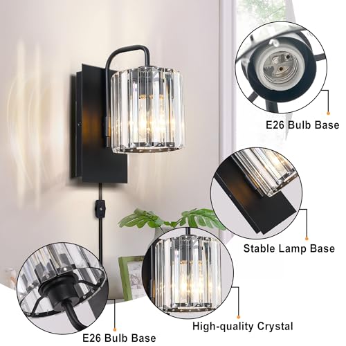 Plug in Crystal Wall Sconces, Black Plug in Sconce with Dimmer Cord - color: Crystal Glass Sttyle with Plug