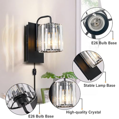 Plug in Crystal Wall Sconces, Black Plug in Sconce with Dimmer Cord - color: Crystal Glass Sttyle with Plug