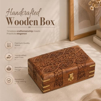 Ajuny Wooden Treasure Chest 8x5 Inch, Hand Carved Eye Floral Jewelry Box