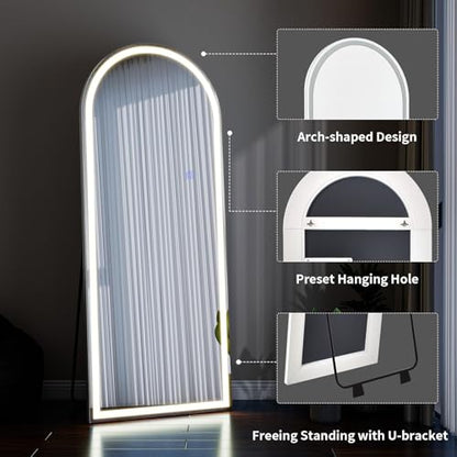 VooBang 65"x26" LED Arched Mirror Full Length with Dimmable Lights - color: White, size: 65"L x 26"W