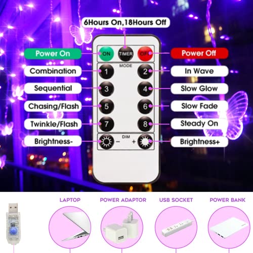 Butterfly Curtain Fairy Lights USB Plug in,8 Modes 120 LED 20FT Firefly Twinkle Timer String Lights with Remote, Waterproof Copper Wire for Bedroom Valentine's Day Wedding Party(Purple) - color: Purple