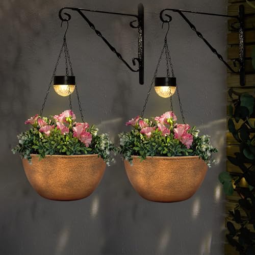 BAYN 2 Packs Solar Hanging Basket Planters for Plants Outdoor - color: Bronze