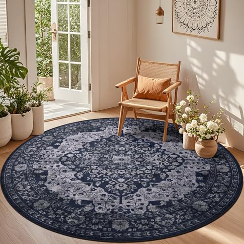 nesrt Boho Round Rugs 8ft for Living Room, Vintage Non-Slip Washable Circle Bedroom Rug, Soft Faux Wool Thin Printed Floor Carpets for Kids Nursery Dining Room Farmhouse Home Office (Blue) - color: Blue, size: 8' (Round)