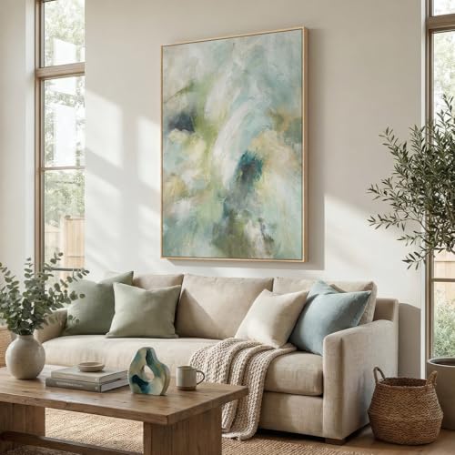 Extra Large Framed Teal Sage Green Abstract Wall Art, Vertical 40x60 In - color: Green A, size: 60"L x 40"W