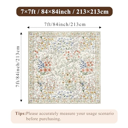 7x7 Vintage Floral Dining Room Rug - 7ft Square Low Pile Non Slip Machine Washable Area Rug, Indoor Carpet for Under Table/Bed Living Room Bedroom Office Nursery Entryway Playroom (7ft Square, Beige) - color: Beige, size: 7x7