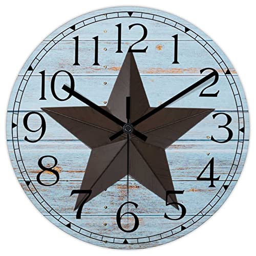Round Farmhouse Wall Clock Western Texas Star Retro Style Wood Clock Quiet Non-ticking Battery Operated with Large Numbers Country Wall Hanging Analog Clock for Living Room Farmhouse Kitchen 15 Inch - color: Style, size: 15in