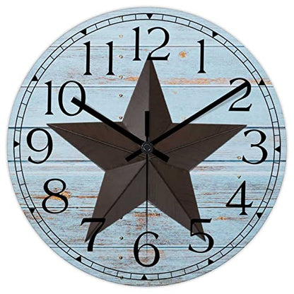Round Farmhouse Wall Clock Western Texas Star Retro Style Wood Clock Quiet Non-ticking Battery Operated with Large Numbers Country Wall Hanging Analog Clock for Living Room Farmhouse Kitchen 15 Inch - color: Style, size: 15in
