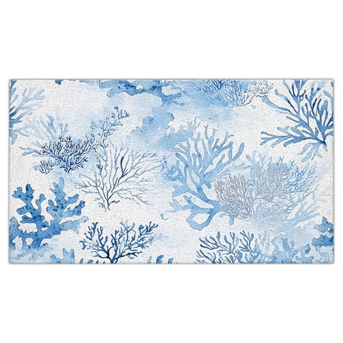 Jvpke Beach Door Mat, Coastal Ocean Blue Coral Beach Door Mat Indoor Outdoor Entrance Porch, Ocean Coral Bath Mats for Bathroom, Beachy Welcome Mats for Front Door, 17x30 Inches - color: Coastal