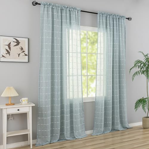 Light Blue Striped Sheer Curtains 96 Inch, Boho Light Filtering 2 Panels - color: Blue, size: 52"W x 96"L (Pack of 2)