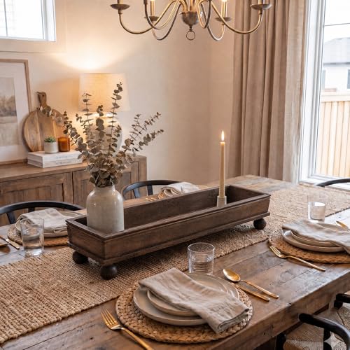 35.5 Inch Long Wooden Decorative Tray with Riser for Table Centerpiece