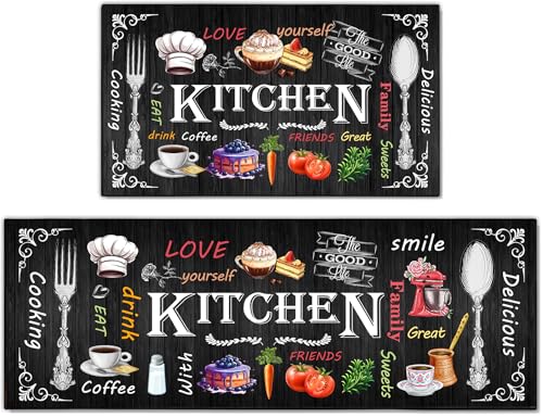 Kitchen Mats for Floor 2 Piece Set,Farmhouse Kitchen Rug Vintage Style Theme Decor,Absorbent Washable Non-Slip Floor Mats 17"x47"+17"x30" - color: Farmhouse Black a