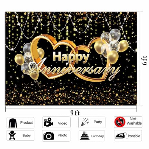 Happy Anniversary Backdrop Black and Gold Balloons Photography Background Poster for Wedding Anniversary Party Birthday Party Decorations Banner 9x6ft - size: 9x6FT(270x180cm)