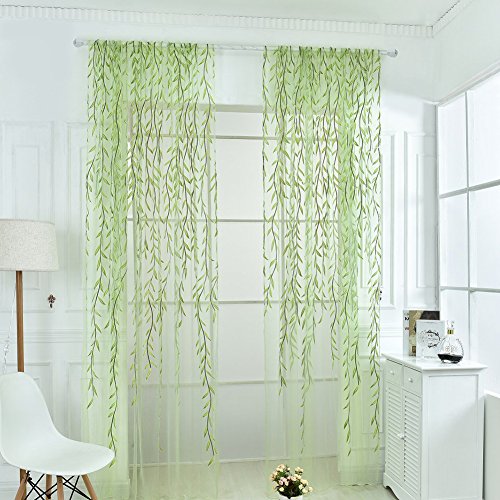 Ufurty 2pcs Willow Leaf Window Curtain Voile Tulle Vine Sheer Curtains - color: Green 2#, size: 39.4"W x 78.7"L (Pack of 2)