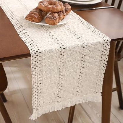 120 Boho Table Runner with Fringe Beige Stripe Fall Decor - color: Beige Stripes