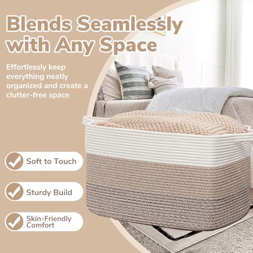 Goodpick 105L Extra Large Woven Rope Blanket Basket, Rectangle, Light Brown - color: Light Brown, size: XX-Large(25"L x 16"W x 16"H)