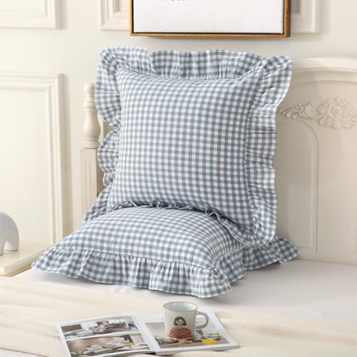 Mywinlle Blue Plaid Ruffle Gingham Throw Pillow Covers 18"x18" Set of 2 - color: Blue Gingham, size: 18" x 18" (Pack of 2)