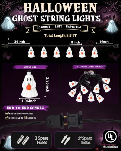 8.5FT Halloween Ghost Pumpkin String Lights, Plug-in 10 LED Decor - color: Ghost Pumpkin String Lights
