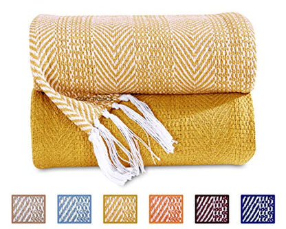 Luxurious Hand Woven Cozy Warm Combed Cotton All Season Indoor Outdoor Light Weight Fade Resistant Couch Chair Bed Throw Blankets Batik 50x60 Inch Set of 2 (Yellow) - color: Yellow