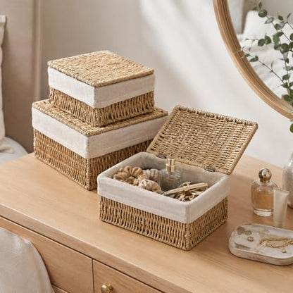 Storage Baskets with Lids Set of 3, Woven Bins with Liner - size: Small with Lids