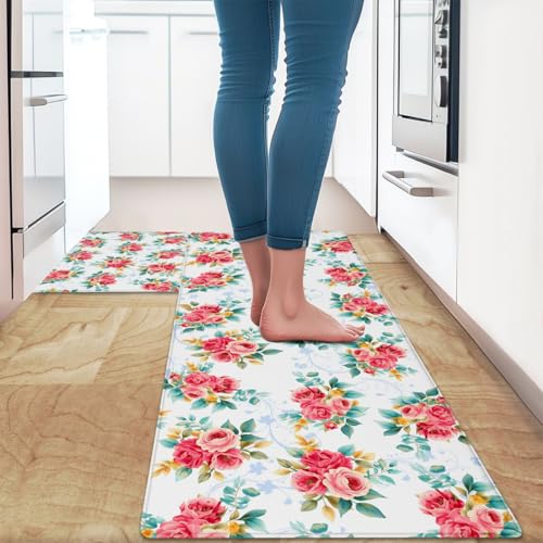 Feelyou Red Floral Kitchen Rugs Sets 2PCS - color: Blue White Red Green