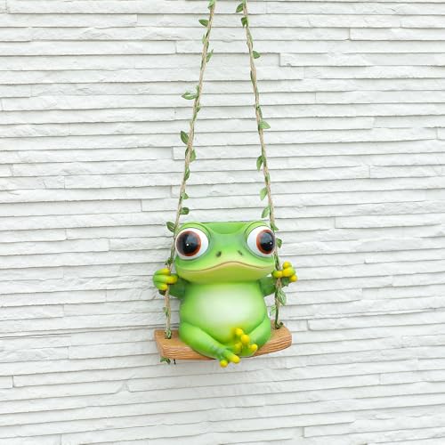 Hanging Swing Frog Planter, Cute Resin Succulent Flower Pot with Drainage Hole, Indoor Outdoor Garden Decor