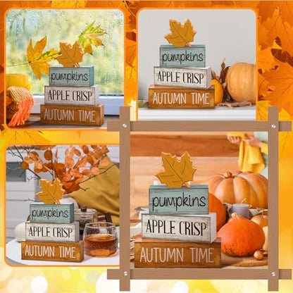 Lineshading 4 Pcs Fall Table Decor for Home, Wooden Maple Leaves Block Sign - style: Autumn Maple Leaf