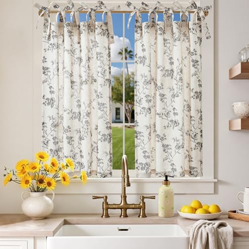 jinchan Black Floral Kitchen Tier Curtains Alisa 36 Inches Tie Top 2 Panles - color: Alisa Black on Linen, size: 26"W x 36"L (Pack of 2)