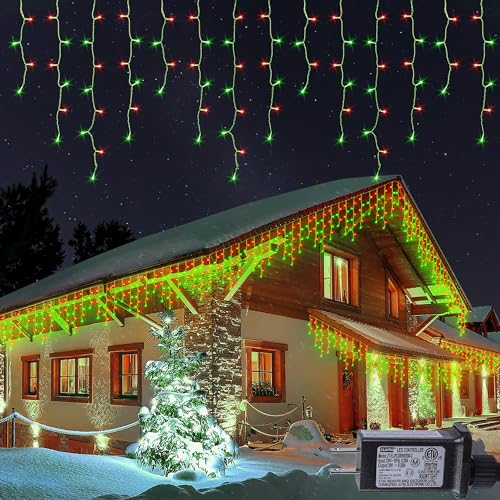 Hopolon 33FT 360 LED Red Green Christmas Icicle Lights, 60 Drops Plug in - color: Red Green