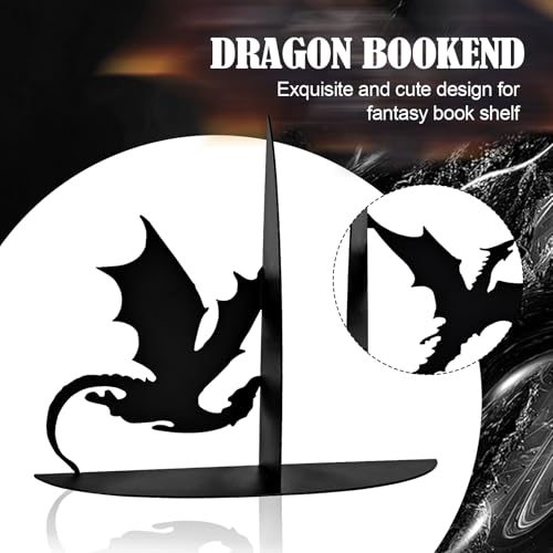 Metal Dragon Bookends Fantasy Book Holder Cool Dragon Book Ends Decorative - color: Black