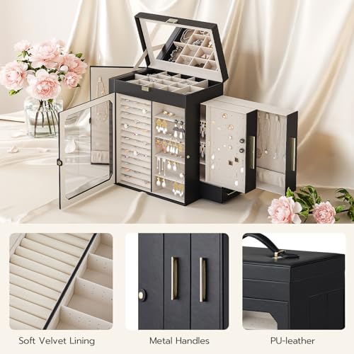 HOOBRO Jewelry Box with Mirror, Travel Jewelry Organizer with Glass Window - color: Black + Gold