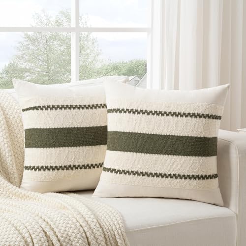 Fancy Homi Set of 2 Boho Olive Green Decorative Throw Pillow Cover 14x14 Inch for Couch Bed Sofa, Aesthetic Modern Organic Farmhouse Home Decor, Soft Cotton Cute Macrame Woven Cushion Case Gift - color: Olive Green, size: 14" x 14" (Pack of 2)