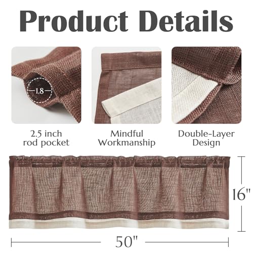 jinchan Kitchen Valance Curtain Double Layers, 50x16, 1 Panel, Brown - color: Double Layer | Brown, size: 50"W x 16"L (Pack of 1)