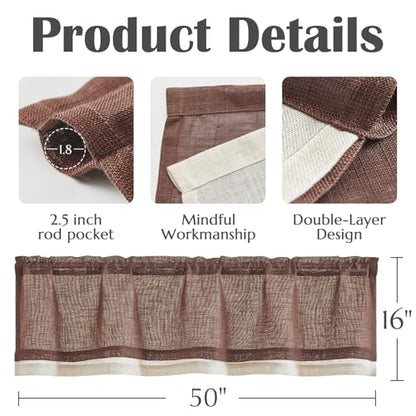 jinchan Kitchen Valance Curtain Double Layers, 50x16, 1 Panel, Brown - color: Double Layer | Brown, size: 50"W x 16"L (Pack of 1)