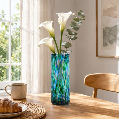 9.45in H Sea Glass Cylinder Vase Unique Hand Blown Glass Vase for Flower - color: Teal