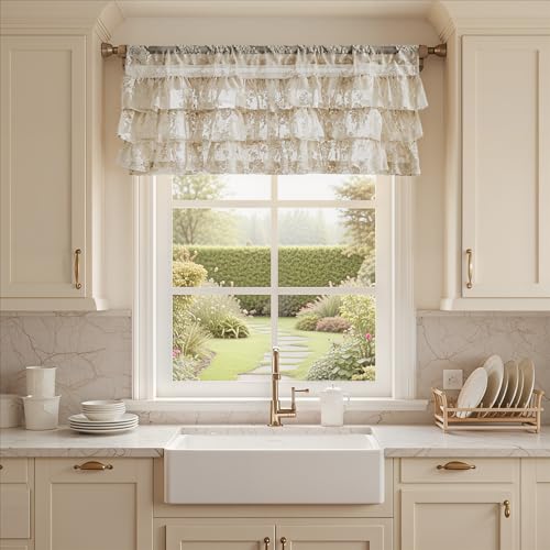 Kotile Beige Lace Ruffle Valance for Windows W52 x L18 Inch, 1 Panel - color: Beige - Ruffle Lace