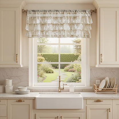 Kotile Beige Lace Ruffle Valance for Windows W52 x L18 Inch, 1 Panel - color: Beige - Ruffle Lace