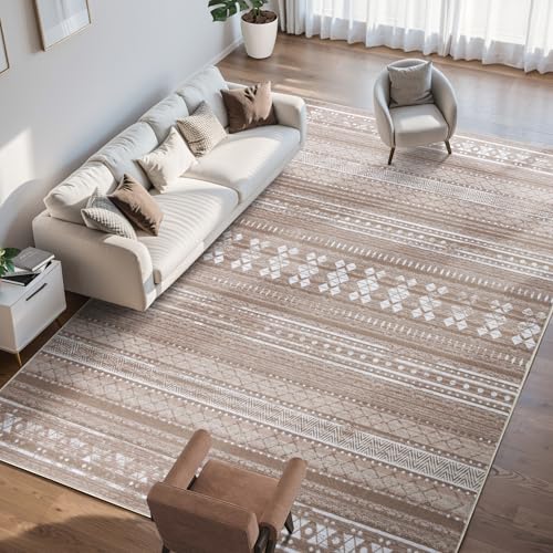 8x10 Washable Area Rug, Boho Moroccan Farmhouse Neutral Low Pile Carpet, Soft Non-Slip Rugs for Living Room Bedroom Dining Room Nursery Dorm Home Decor, Brown - color: Brown, size: 8' x 10' (Rectangular)