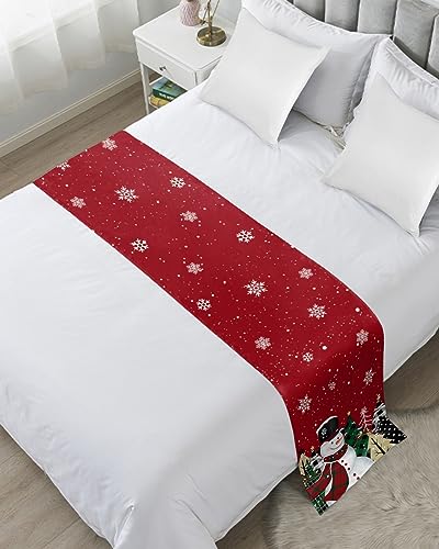 Red Snowman Christmas Bed Runners for Queen Size Bed, Xmas Tree Decorative Bed Throws for Foot of Bed, Winter Snowflake Bed Runner Sofa Throw Bedding Scarf Protector Slipcover for Bedroom/Hotel - color: Red Snowman, size: 83"x20" for Queen Bed