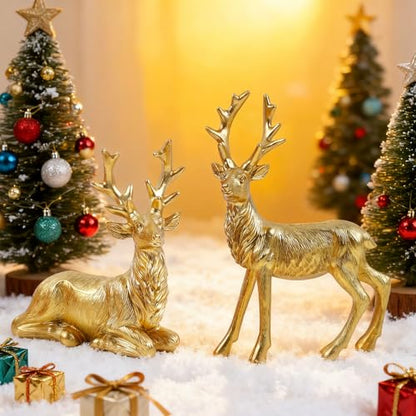 Lulu Home 2 Packs Gold Reindeer Figurines, Sitting & Standing - style: 2 Peers with Texture