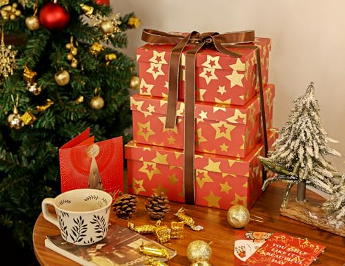 3-Piece Seasonal Holiday Boxes with Lids for Presents, Red Gold Star, Presentation Wrapping, Cardboard Paper Box for Holiday Parties, Hostess Gifts, Decorative Christmas Box - color: RED AND GOLD STAR