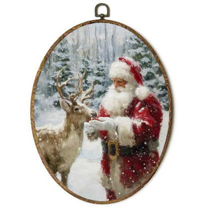 FSTCSV Winter Santa Claus Reindeer Oval Wall Art Framed 8.8x11.5in - color: oval-1