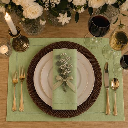 Signature Linen™ by D'Moksha, Sage Green Placemats Set of 4, 14 x 19 Inch, 100% Pure Linen Table Mats, Hemstitch, Machine Washable Cloth Placemats- Fall, Weddings, Outdoor Hosting - color: Sage Green, size: Set of 4 (14 X 19 Inch)